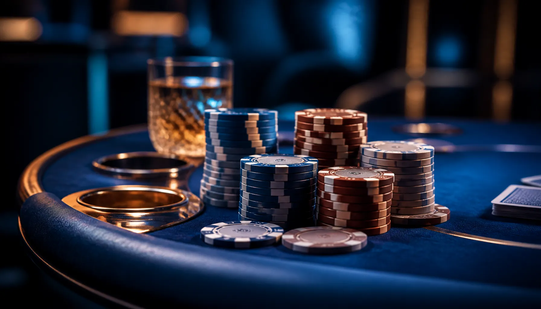 Cinematic close-up of frosted crystal poker chips on a sleek dark surface with cool blue ambient lighting