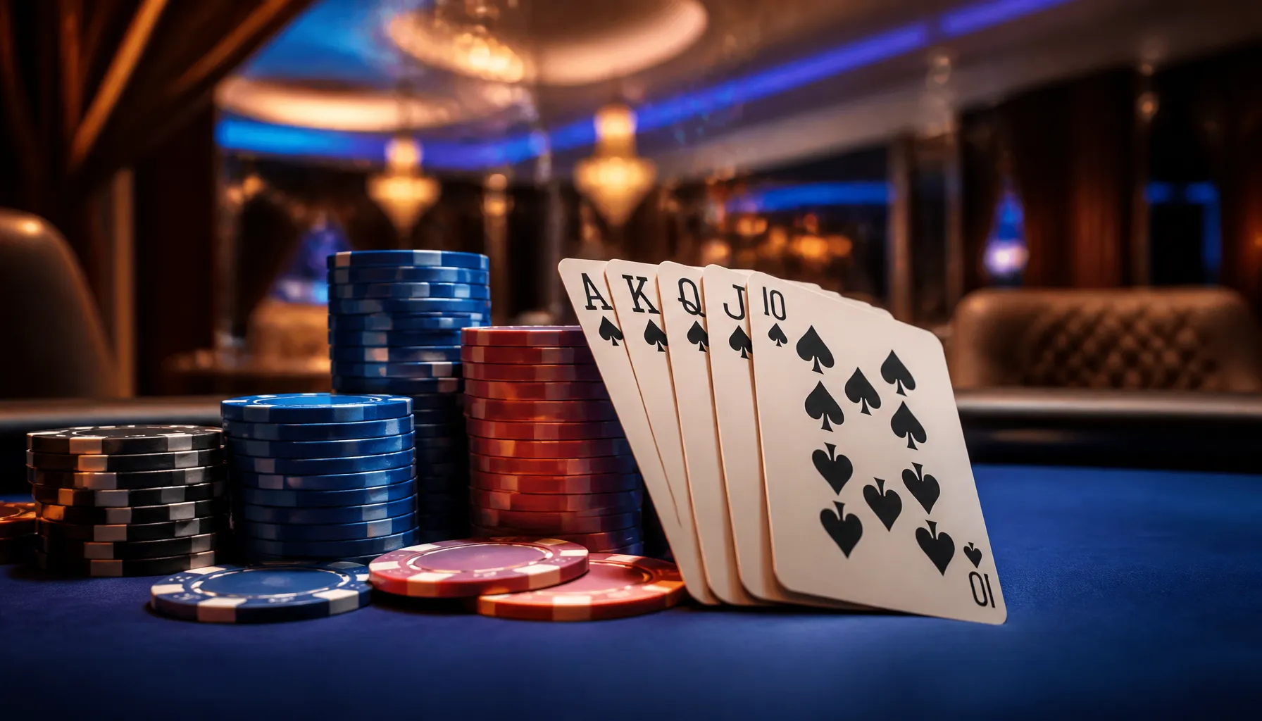 Close-up of glossy casino chips on a frosted glass surface bathed in cool blue and silver cinematic light