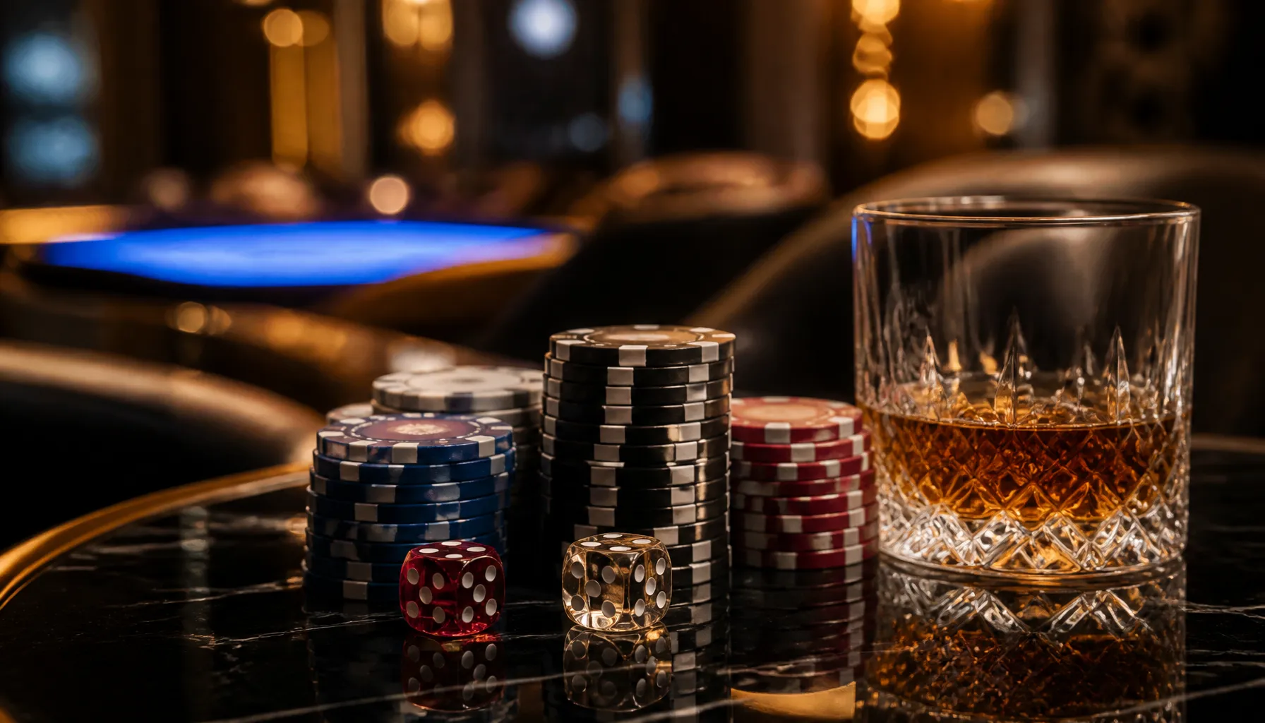 Close-up of elegant frosted blue and silver poker chips on a sleek dark surface with cinematic cool-toned lighting